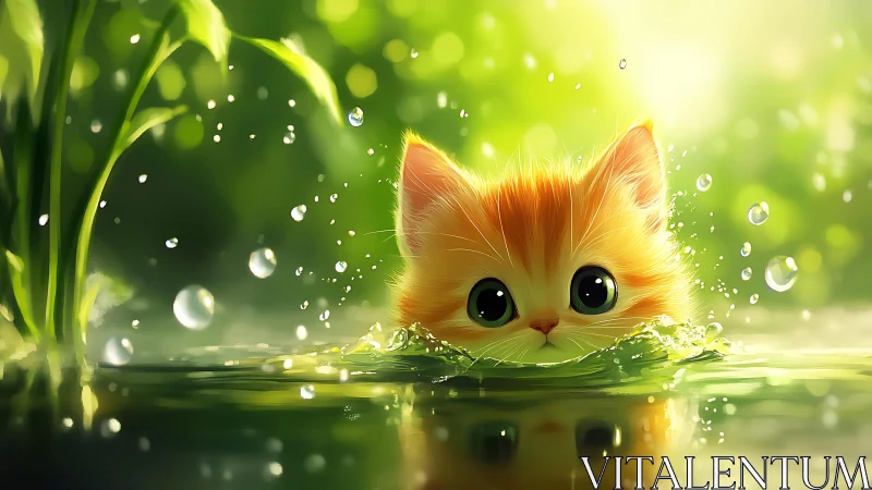Orange Kitten in Misty Green Water Among Grass
