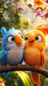Chromatic cartoon lovebirds on branch under diffuse bokeh light.