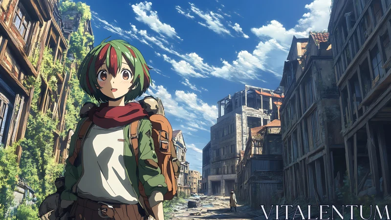 Anime traveler crossing sunlit overgrown ruined city street.