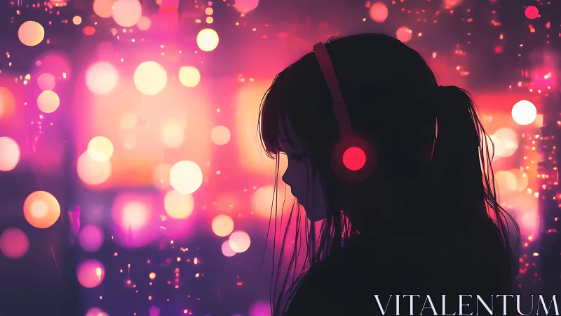 Girl in headphones drifts through neon city lights at night