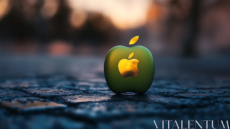 Metallic apple logo glows on wet pavement at sunset
