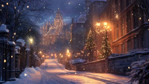 Snowy cathedral street glows with festive lamplight and trees.