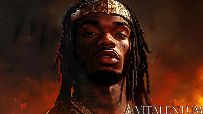 Firelit crowned portrait of a defiant man in digital art.