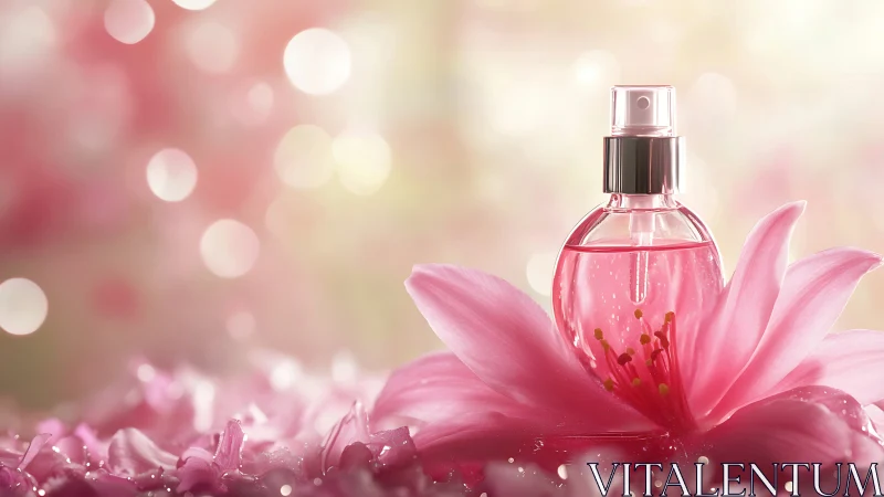 Glass perfume bottle centered in pink floral setting.