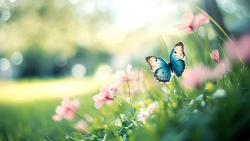 Blue butterfly on grass amid pink flowers in soft daylight.