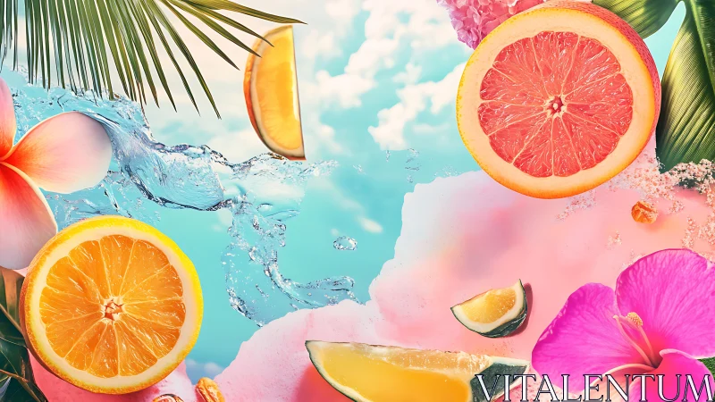 Tropical citrus slices with splashing water on pastel sky.
