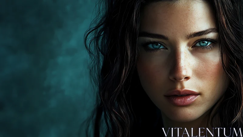 Storm-lit gaze of a teal-eyed woman in shadowed focus.