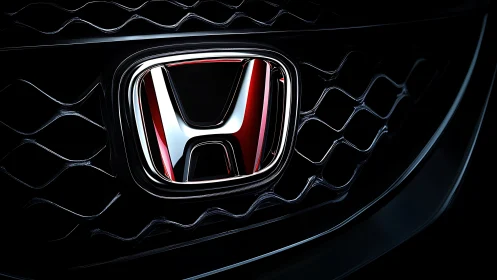 Close-up view of illuminated Honda grille emblem at night.