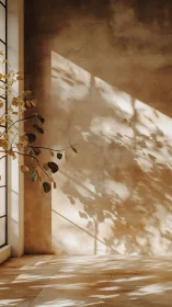 Soft morning sunlight paints gentle leaf shadows on a wall
