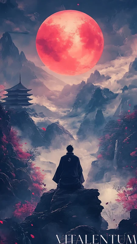 Solitary figure in misty mountains under red full moon.