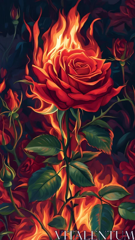 Fiery Rose Bloom with Flames and Green Foliage
