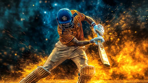 Blazing cricket warrior carving sparks from twilight fire.