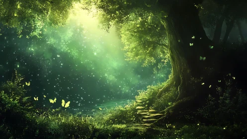 Forest clearing glows with green light and luminous butterflies