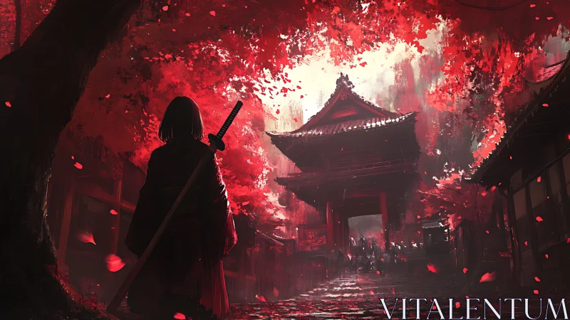 Ronin silhouetted under crimson maple canopy at temple gate.