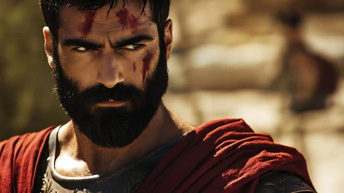 Battle worn warrior in crimson cloak under harsh sun.