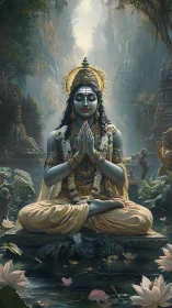 Meditating blue deity seated in lotus pose amid dense temple gorge
