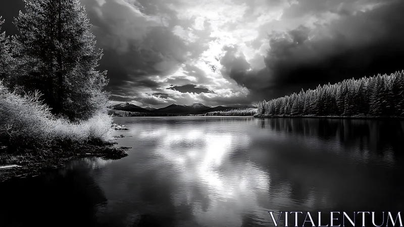 Infrared monochrome lakescape captures dramatic storm light