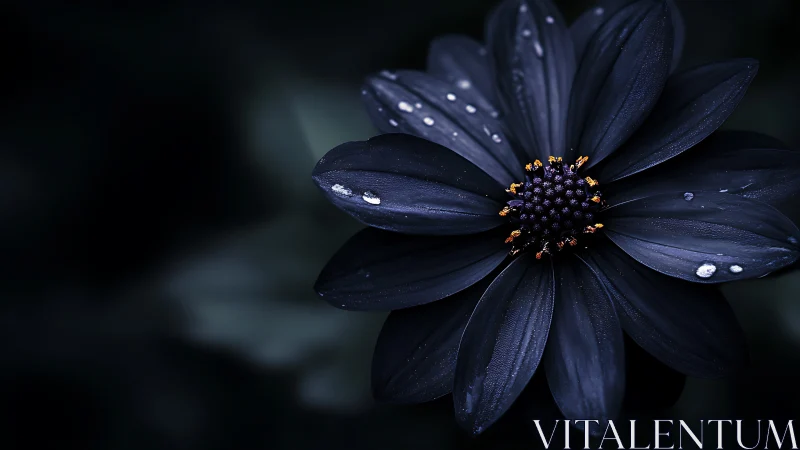 Deep Blue Cosmos Flower with Golden Stamen Against Dark Background