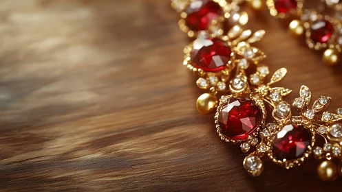 Gilded necklace with faceted red gemstones on varnished wood surface