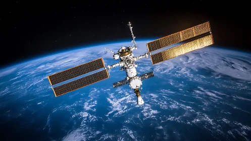 Solar-winged station sails above Earth’s luminous horizon