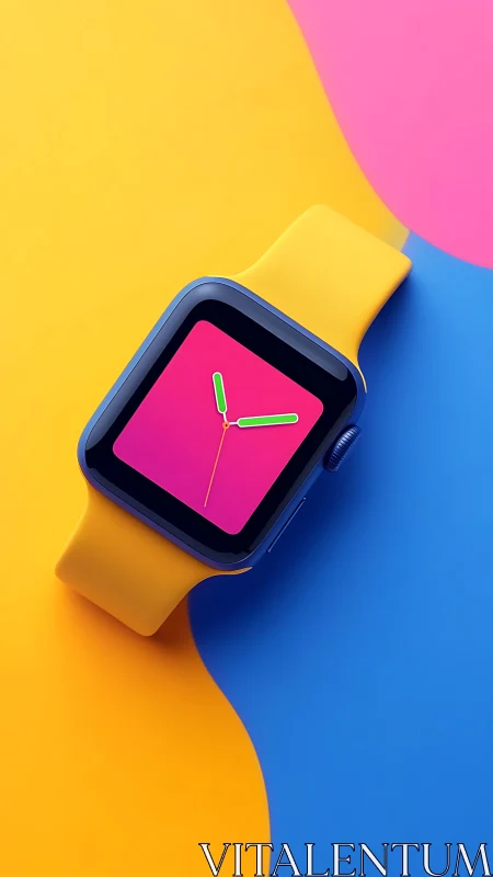 Smartwatch on bold tricolor background, minimal layout.
