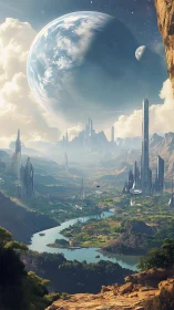 Futuristic river valley beneath colossal ringed planet.