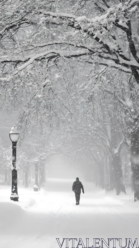Quiet winter walk unfolds beneath snow-laden city trees