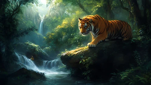 Sunlit tiger poised above misty jungle waterfall pool.