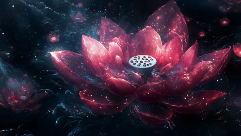 Luminous cosmic lotus blooms with crystalline scarlet petals.