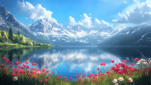 Alpine glacial lake with florid foreground and volumetric clouds.