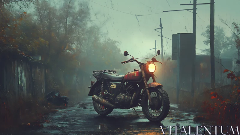 Lone motorcycle idles in a rain-soaked, foggy street scene.