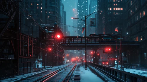Cyberpunk rail line glows under red lights in winter storm.