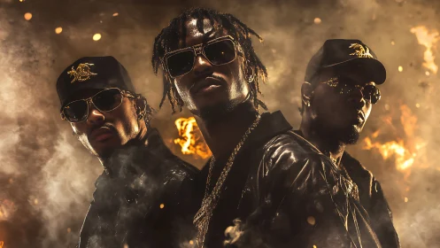 Triadic hip-hop portrait in pyrotechnic cinematic backlight.