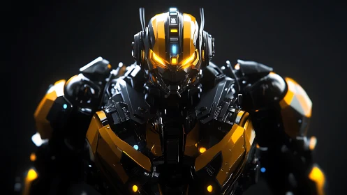 Armored combat mech glows with neon power in dark void