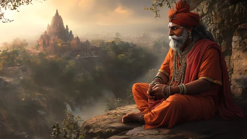 Peaceful sage in orange robes watching a misty hill temple.