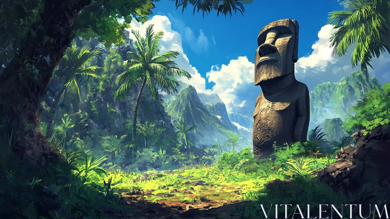 Stone moai statue stands in dense tropical valley landscape