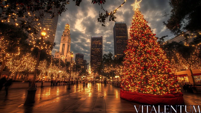 Skyscrapers serenade a glowing city Christmas giant tree.