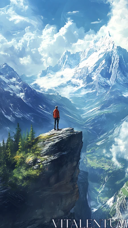 Hiker standing on cliff edge facing distant snowy peaks.