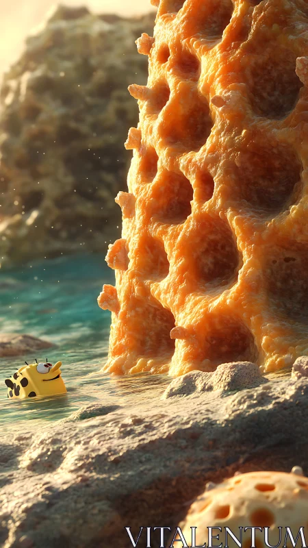 Cheerful sponge character explores glowing coral canyon at sea