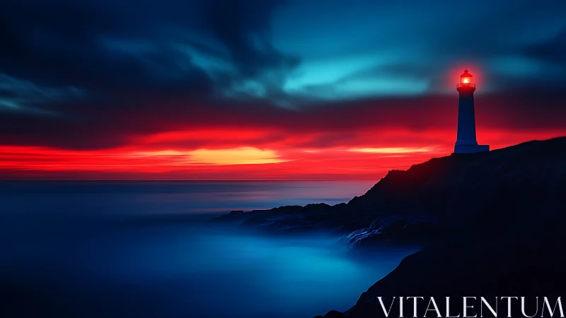 Coastal lighthouse silhouette in ultramarine and red twilight