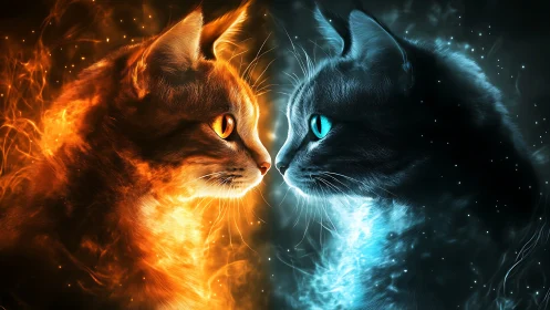 Feline duality composition with opposing fire and ice elements.