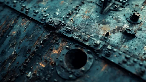 Weathered metal surface glowing with moody teal and rust tones.