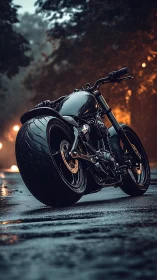 Photorealistic low-angle custom motorcycle in rain-soaked street.