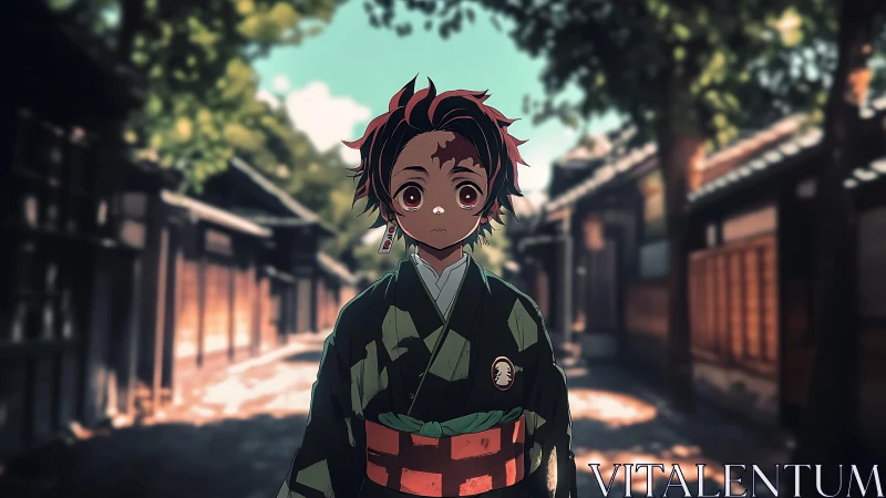 Anime boy in traditional clothing on sunlit street.