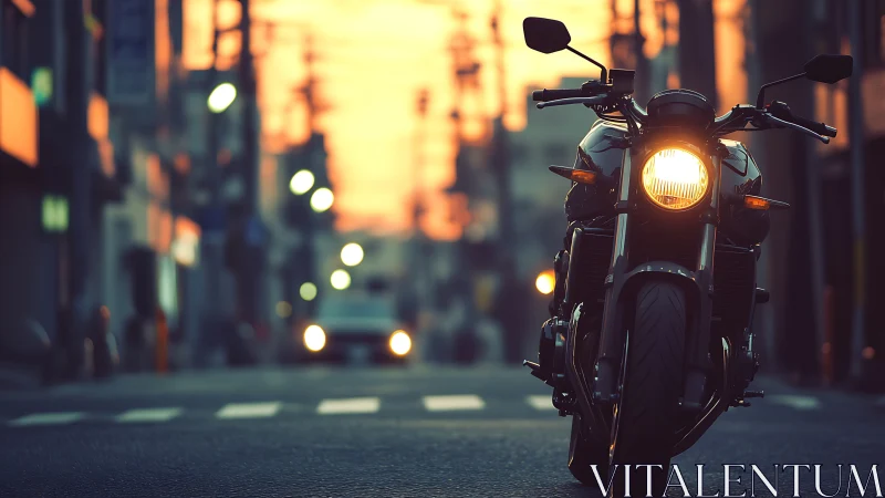 Motorcycle on empty city street at sunset with headlight on.
