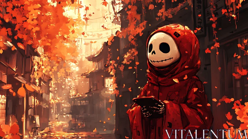 Hooded skeleton figure studies device in warm autumn alleyway