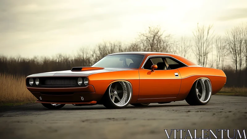 Low-angle view shows modified orange muscle car parked outdoors