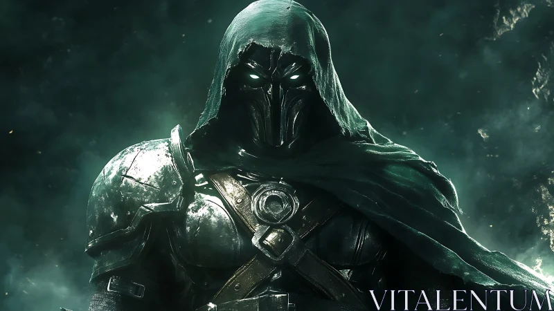 Armored hooded warrior with glowing eyes in teal mist.