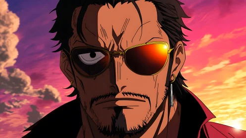 Close anime portrait of scarred man with reflective gradient sunglasses