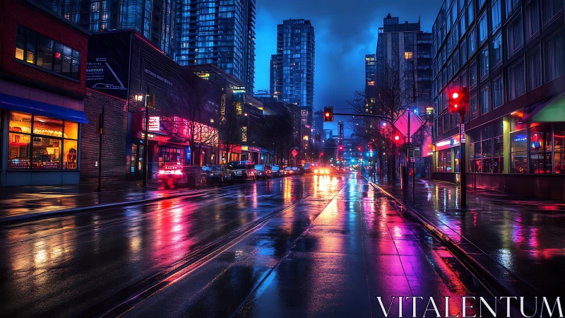 Neon rain turns the quiet city avenue into liquid chrome